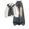 Spring 3-piece Women's Korean Casual Solid Shirt + Knitted Shawl + Denim Wide-leg Pants Suit Women's Clothing