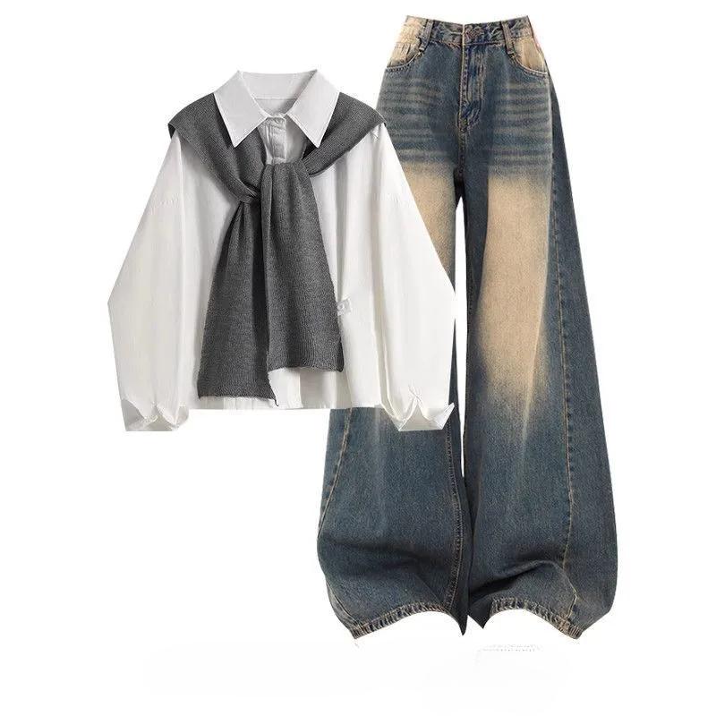 Frühling 3-teiliger Damenanzug aus koreanischer, lässiger, einfarbiger Bluse + Strickschal + Jeanshose mit weitem Bein für Damen