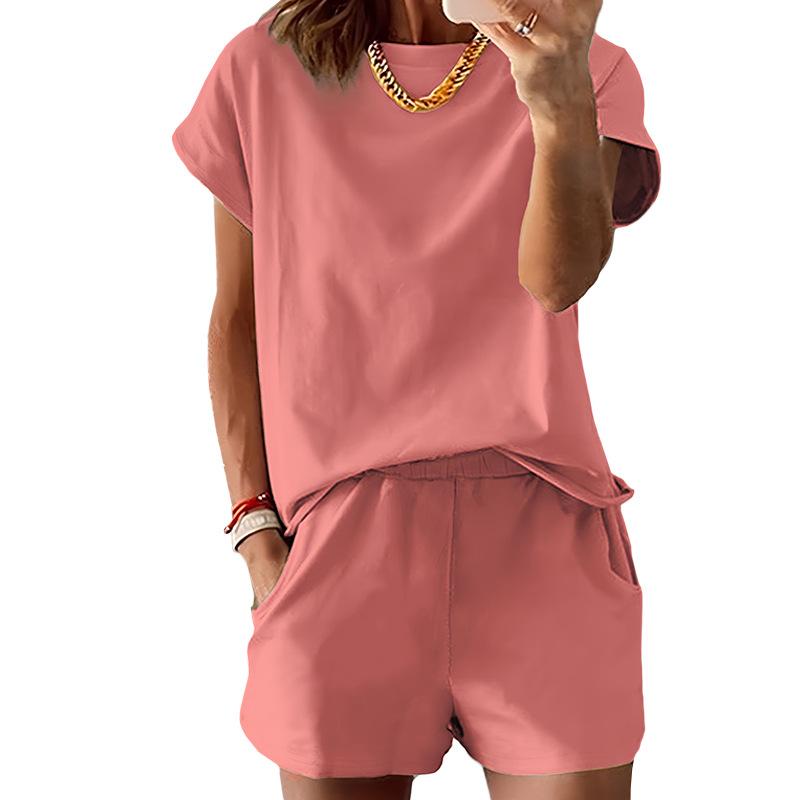 Spring/Summer Solid Color Multi-Color Choice Short-Sleeved T-Shirt + Shorts Set Women'S Casual Comfortable Two-Piece