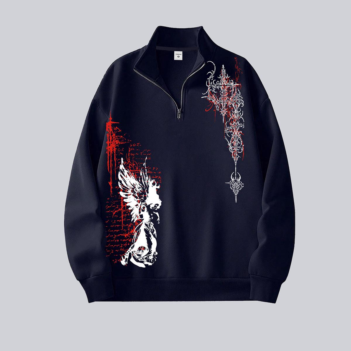 

Mens Quarter-Zip Pullover Long Sleeve Mock Neck Sweatshirt Unsex Y2K Gothic Printed Vintage Tops XXL