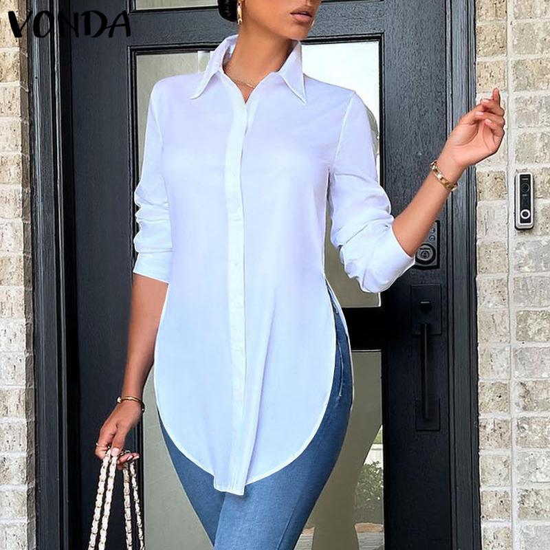 

VONDA Весенние женские тонкие рубашки с длинными рукавами и нерегулярным подолом