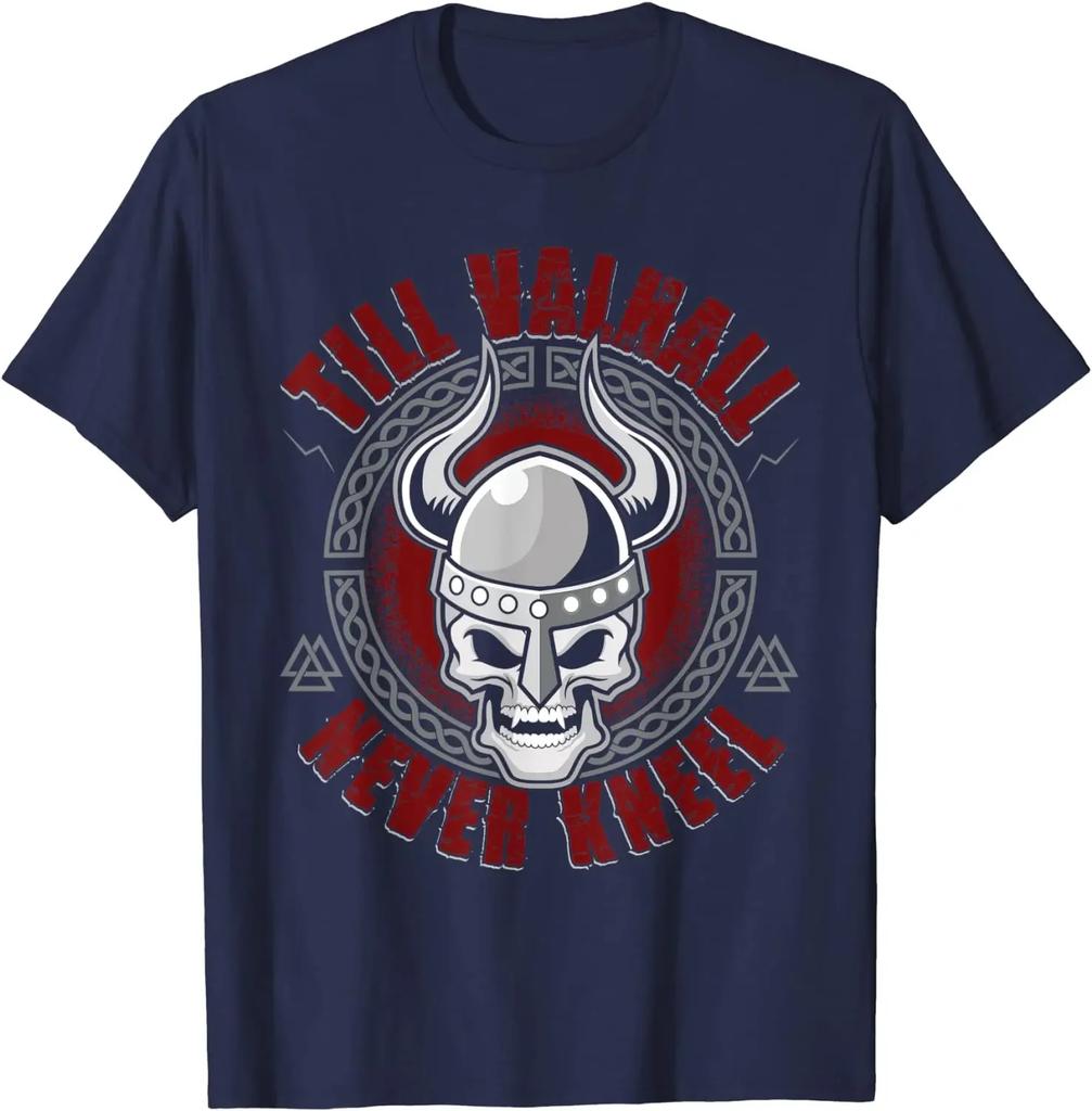 Till Valhall Never Kneel Nordic Warrior Skull TShirt 100 Cotton ONeck Summer Short Sleeve Casual Mens Tshirt Size S3XL