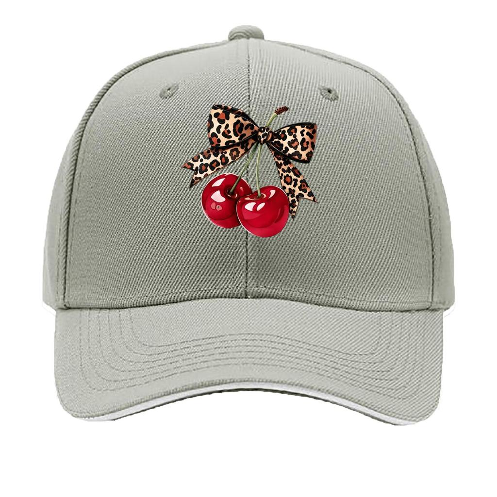 Leopard Print Bow Red Cherry Graphic Design Sandwich Baseball Cap Unisex Women Sun Cap Outdoor Workouts Hat