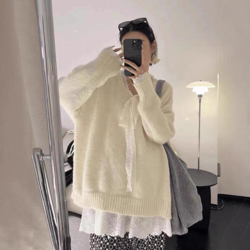 Soft waxy gentle wind lace splicing lace-up knitted sweater women's fashion solid color loose pullover sweater
