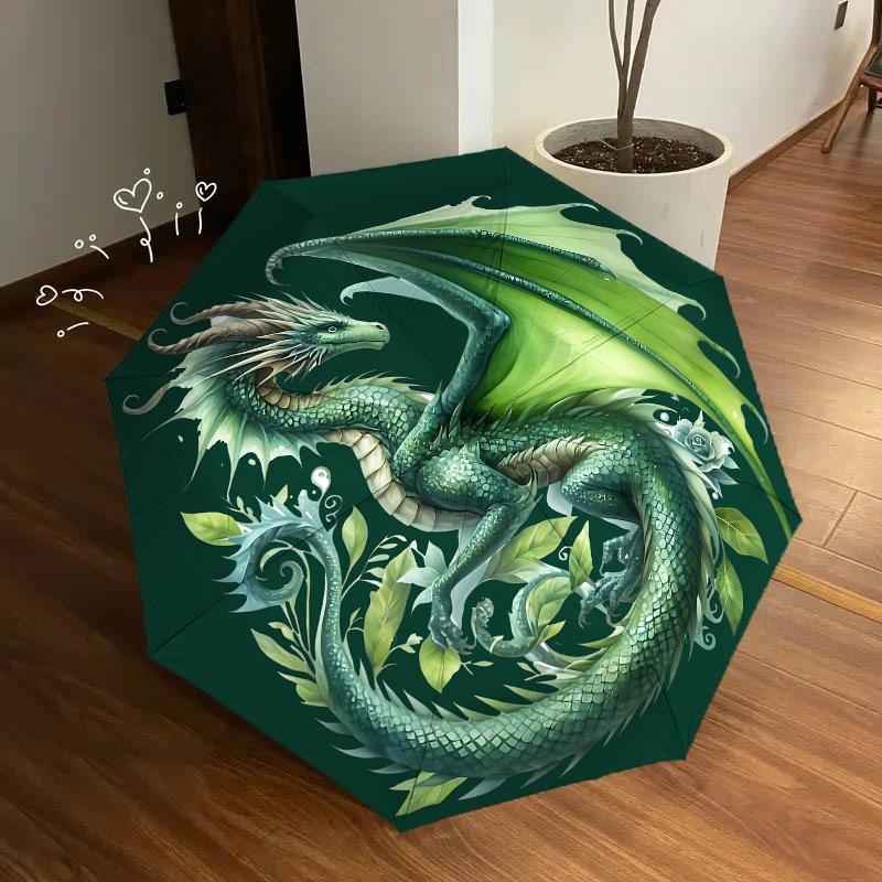 1pc green Dragon Themed Umbrella, 8 Rib Frame,Automatic Opening 3 Fold Umbrella, Lightweight and Durable Couple Umbrella-219