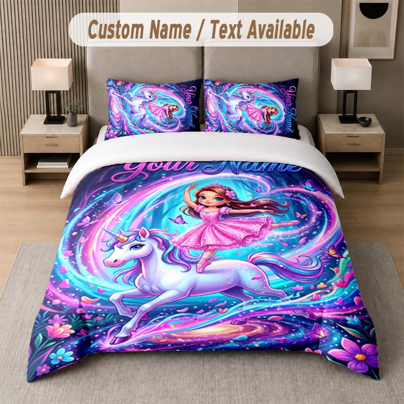 Unicorn Theme Custom Text Or Name 3Pcs Bedding Set 1 Flat Sheet & 2 Pillowcases Personalized Home Bedding
