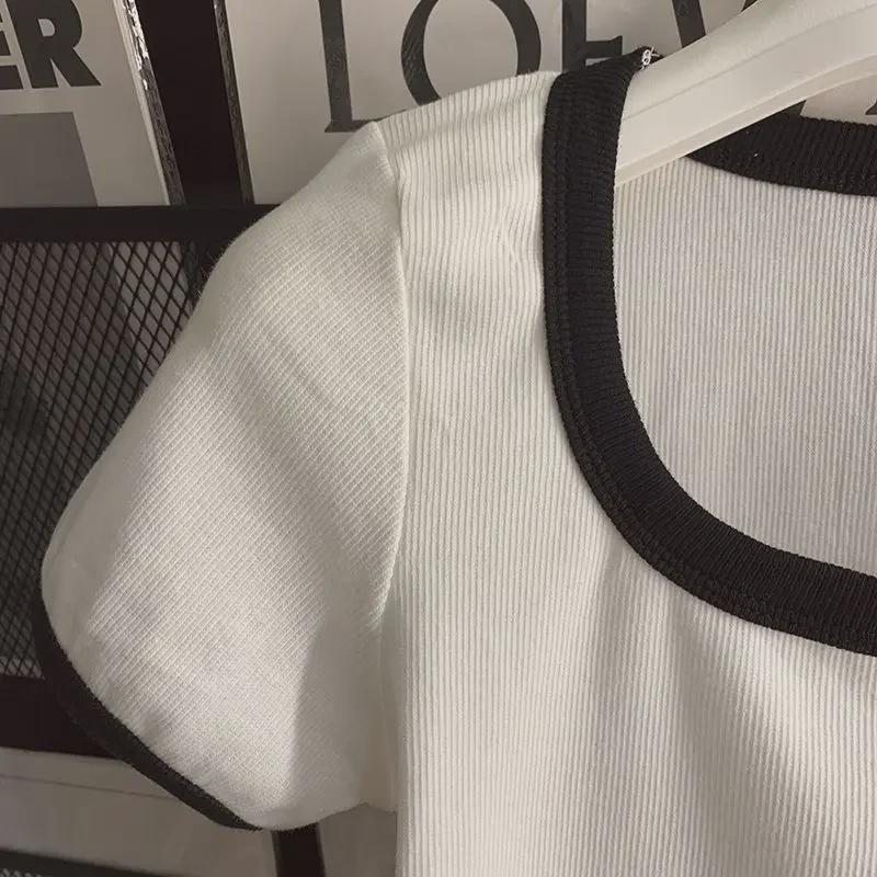 Women's Summer Retro Contrast Short-Sleeve T-Shirt with Square Embroidered Neckline and Slim Fit