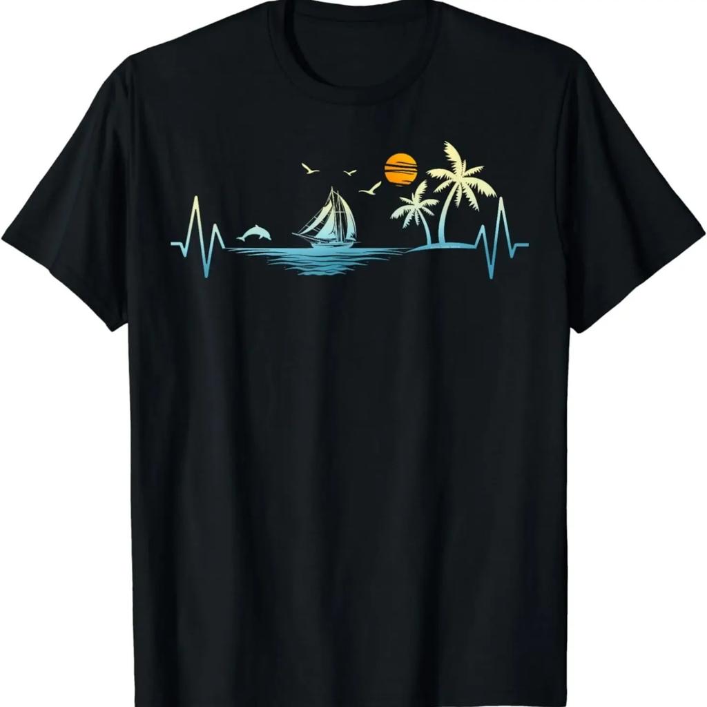 2025 new model Hebeat with Sailboat Tropical Palm Trees BeachT-Shirt Casual Holiday Clothes Women Clothing Tops Ropa De Mujer