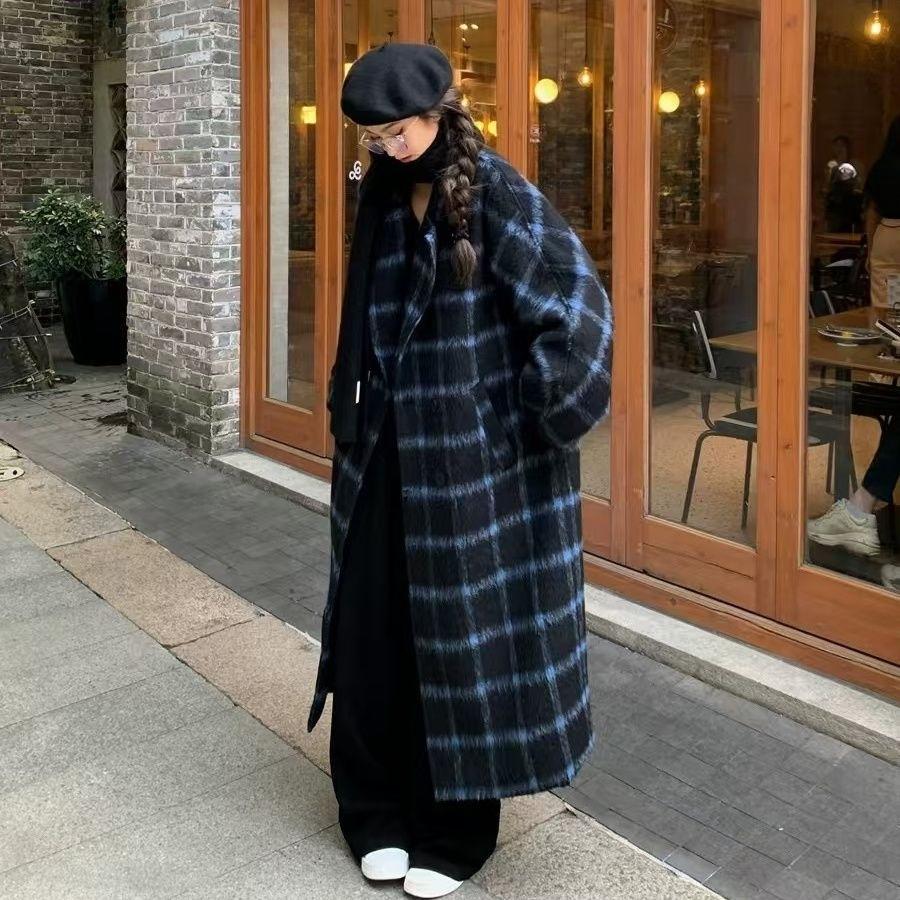 

Элегантное длинное клетчатое шерстяное пальто женское зимнее толстое теплое пальто до колена модная высококачественная твидовая куртка S синий