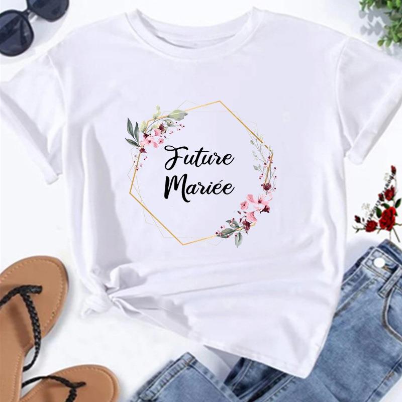 Floral Wreath French Bridal Team Womens TShirt Future Mariée Printed Short Sleeve Casual Top Bachelorette Party Gift