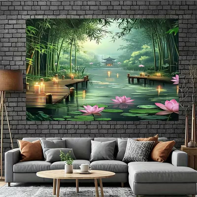 2D Zen Garden Bamboo Lake Tapestry Oriental Pavilion Wall Art Backdrop