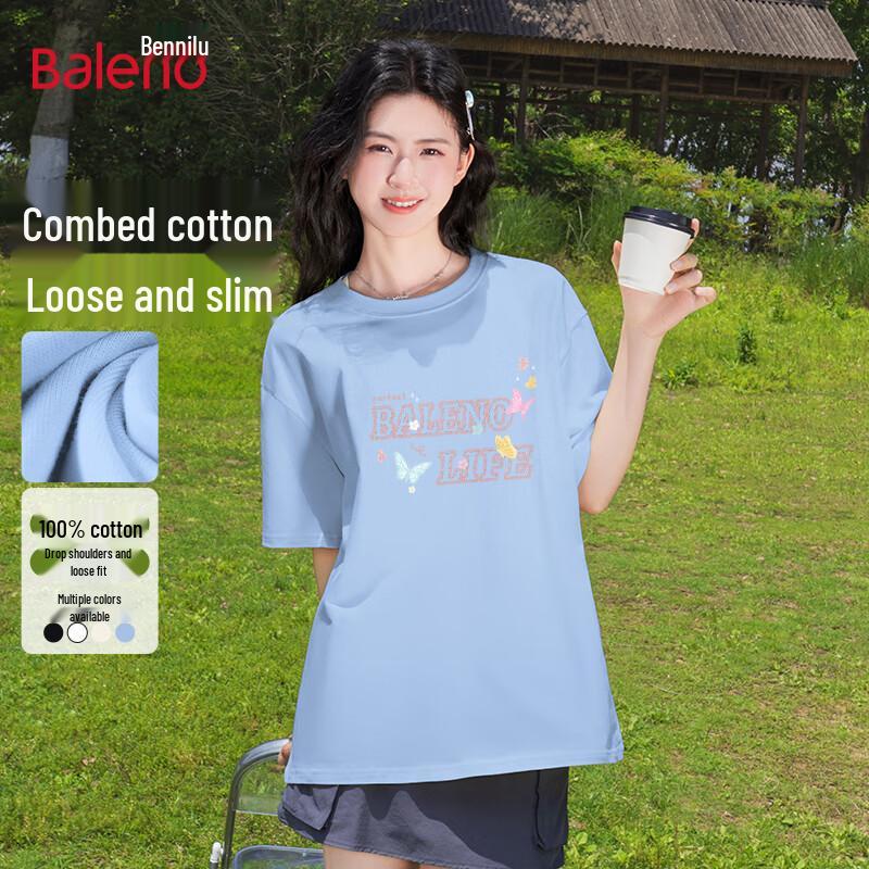 Baleno Women s Pure Cotton Butterfly Print Loose Fit Round Neck Short Sleeve T-Shirt S