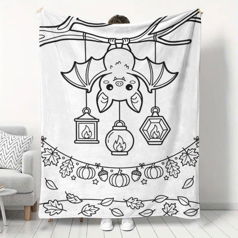 1pc Cute Hanging Bat Print Fleece Blanket, Halloween Atmosphere Autumn Home Decor Blanket, Soft Warm Nap Blanket, Living Room Sofa Throw Blanket, Bedr
