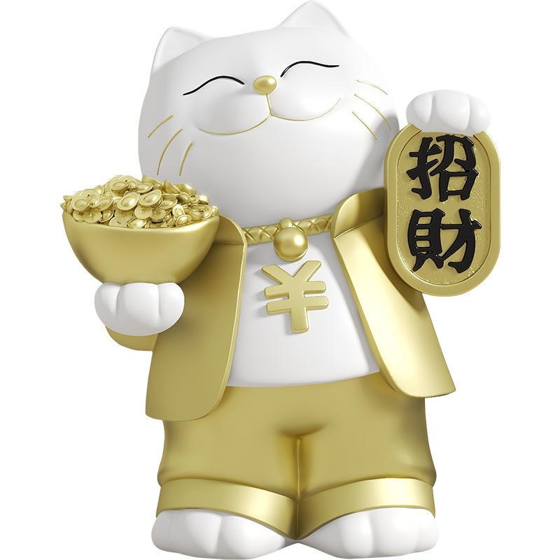 Maneki-neko Ornament for Living Room Home Decor with Ingot, Premium Housewarming Gift & Grand Opening Present for New Stores