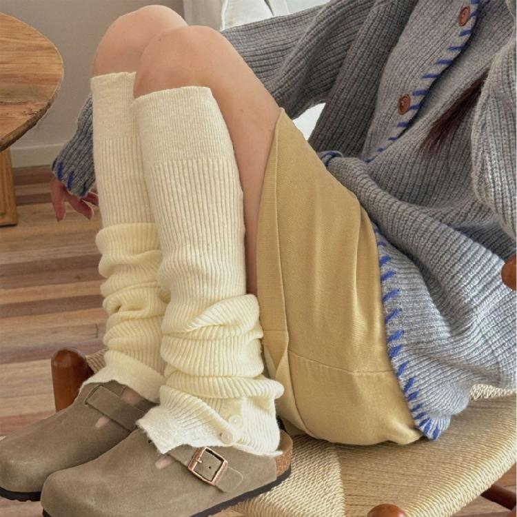 Harajuku Women's Leggings Gaiters Soft Acrylic Knitted Winter Leg Warmers Footless Socks with Side Split Buttons Decors