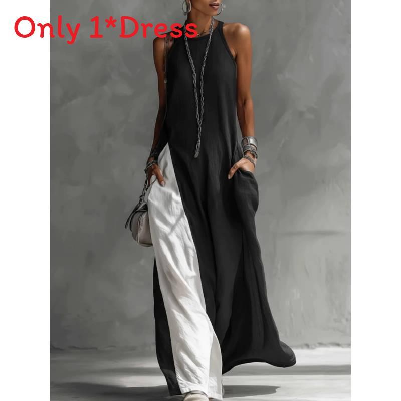 Polyester Splicing Sleeveless Loose Casual Dress With Pockets For Travel And Beach Use