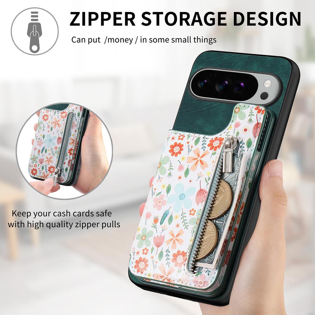 For Google Pixel 10 Pro XL Leather Phone Cover with RFID Blocking Zipper Card Bag Kickstand