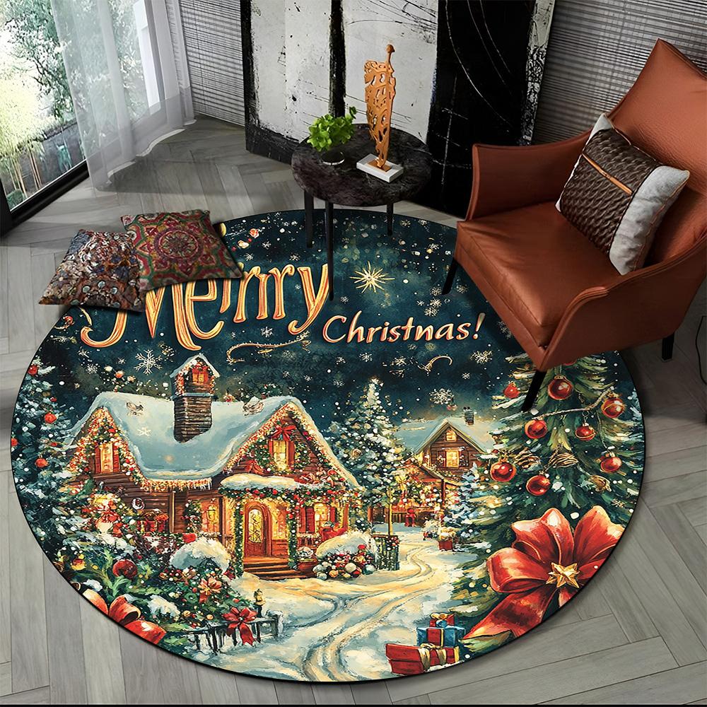 Merry Christmas Cartoon Santa Claus Snowman New Year Round Carpet Rug for Bedroom Living Room Sofa Decoration,Decor Floor Mat