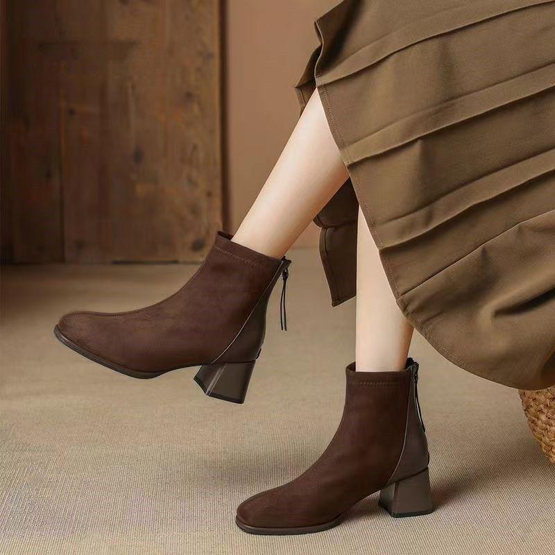 

2025 Women s Retro Suede Chunky Heel Square Toe Ankle Boots – Warm, Slimming French Design 38