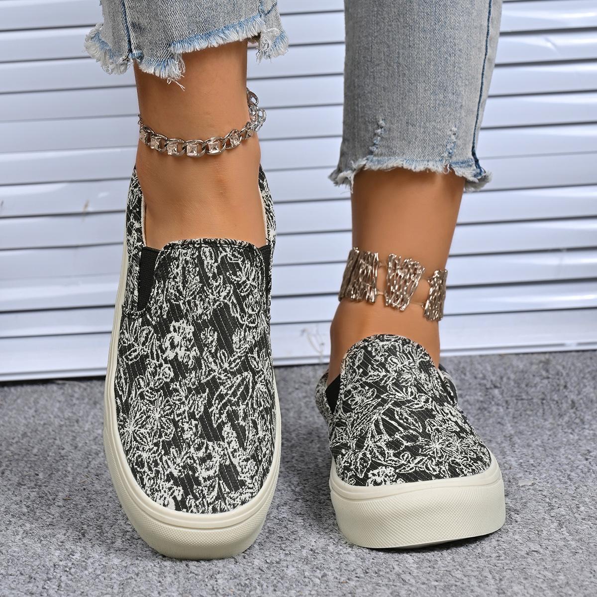 

Женские парусиновые слипоны широкой полноты с принтом - Дышащая повседневная обувь на мягкой подошве для лета, Модные слипоны 36 чёрный