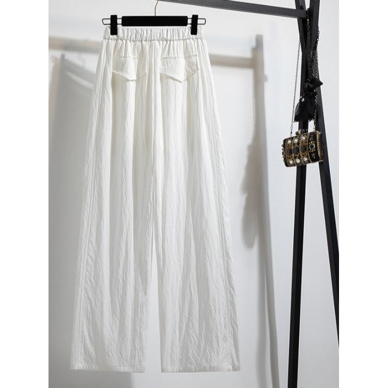 European Plus Size Women's Clothing Lazy Literature and Art Student Elastic High Waist White Tencel Cotton Loose-Fitting Wide-Leg Trousers M-5XL