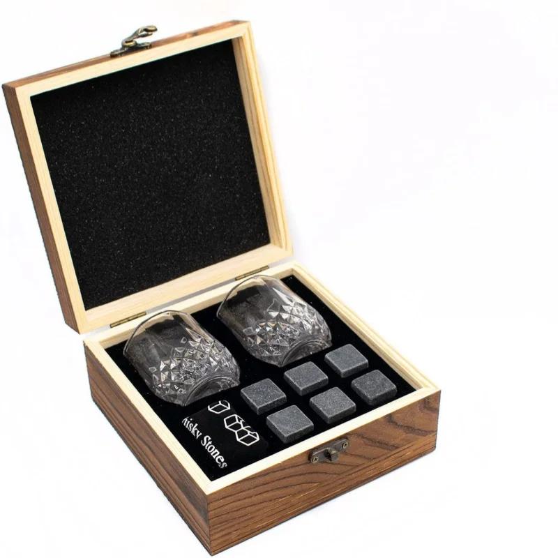 JUSTINLAU Father's Day Gift Whiskey Stone Glass Wine Set Granite Ice Block for Whisky Wood Bottle Box Present for Dad Husband