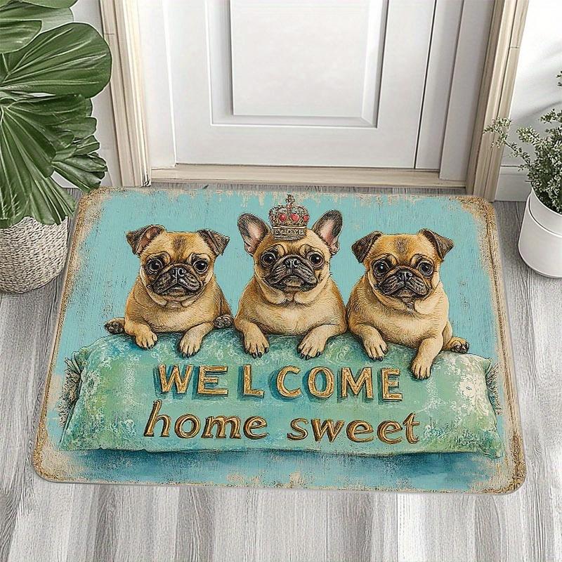 

1pc Farmhouse Style Doormat with Pug Dog Wearing Crown Pattern Print, 8mm Thick Polyester Mat, 122-930g Weight, Rectangular Non- 40cm x 60cm