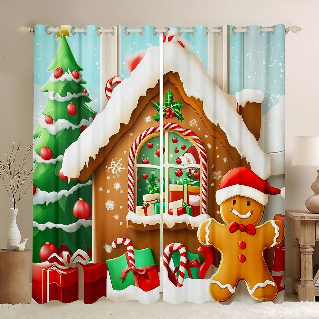 Christmas Gingerbread House Curtain Drapes Xmas Snowflake Window Curtains Kawaii Man Pattern Room Darkening Made Of Polyester
