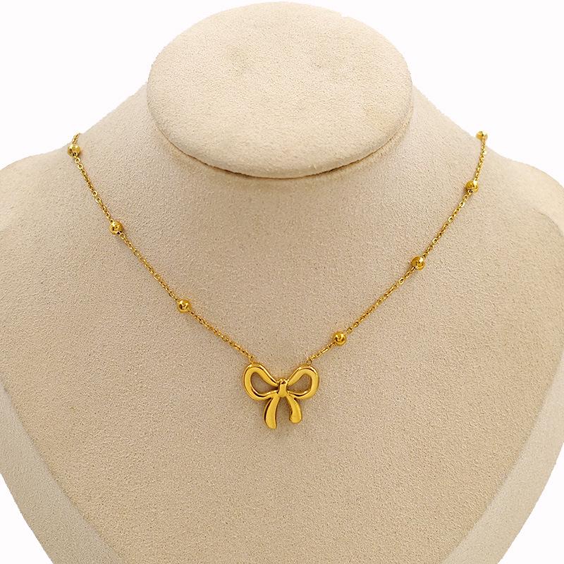 Elegant Gold Plated Double Layer Bow Pendant Necklace for Women - Titanium Steel Clavicle Chain, European American Style