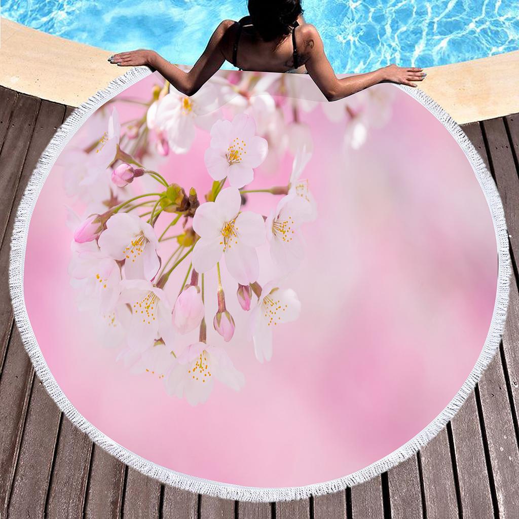 Peach Blossom Pattern Round Beach Towel, Microfiber Lightweight Beach Blanket, Soft Absorbent Quick Dry Pool Towel Picnic Mat
