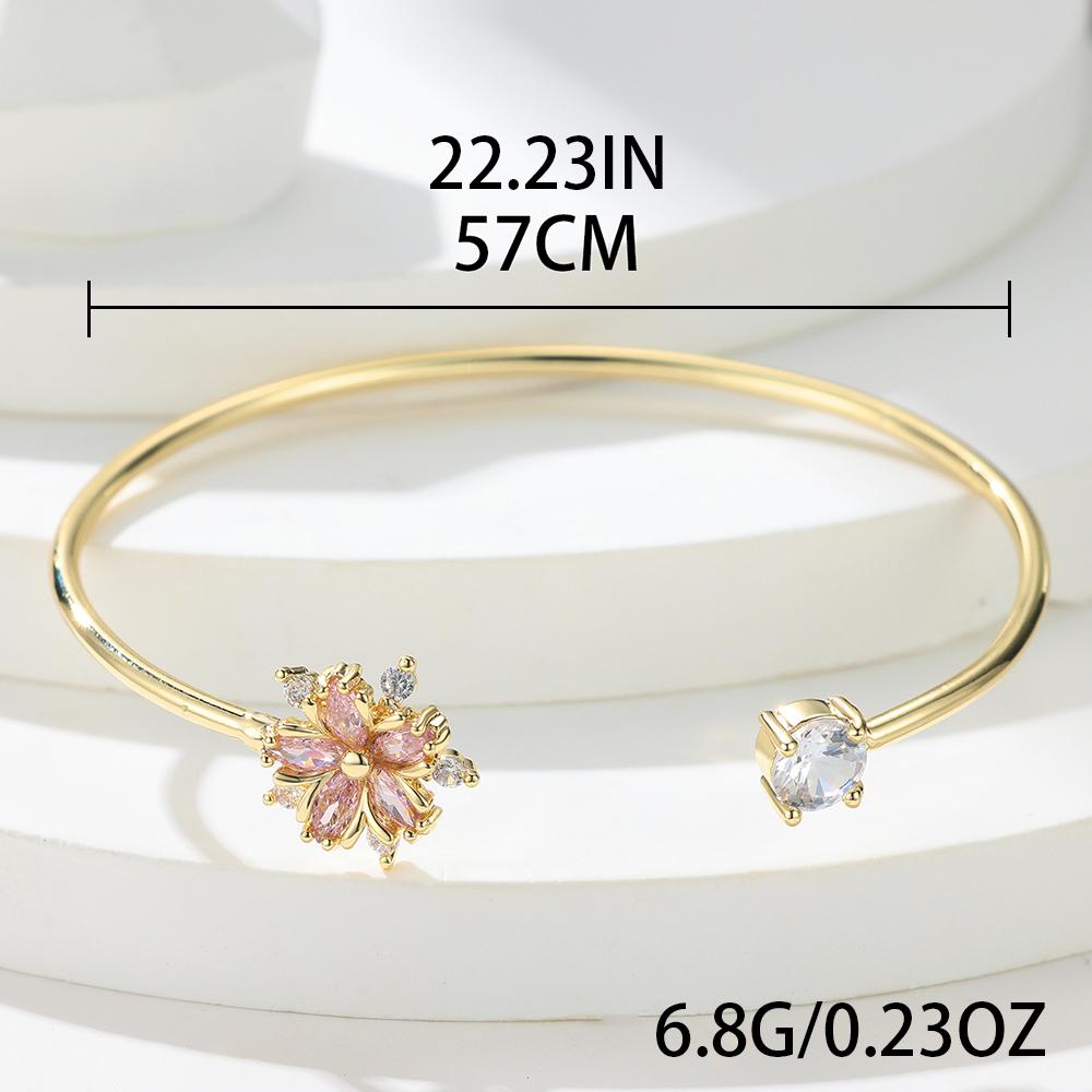 Cute Plant Pink Cherry Flower Bracelet Gold Color Small Zircon Stone Charm Open Adjustable Bracelets For Women Wedding Jewelry