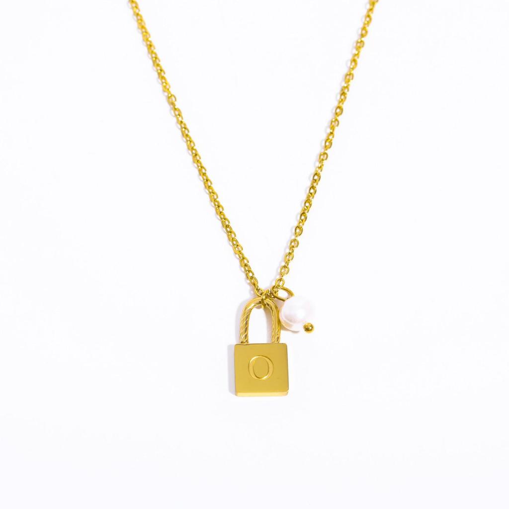 18K Gold Plated Pearl & Stainless Steel Zodiac Lock Pendant Necklace