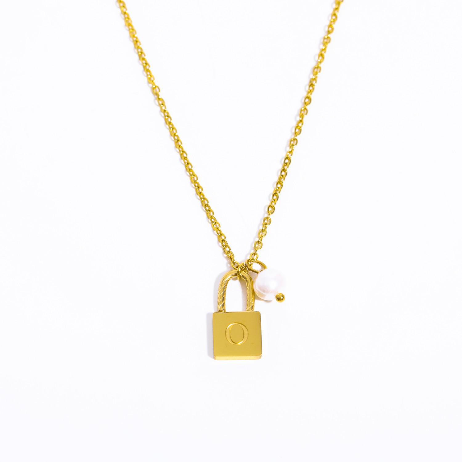 18K Gold Plated Pearl & Stainless Steel Zodiac Lock Pendant Necklace