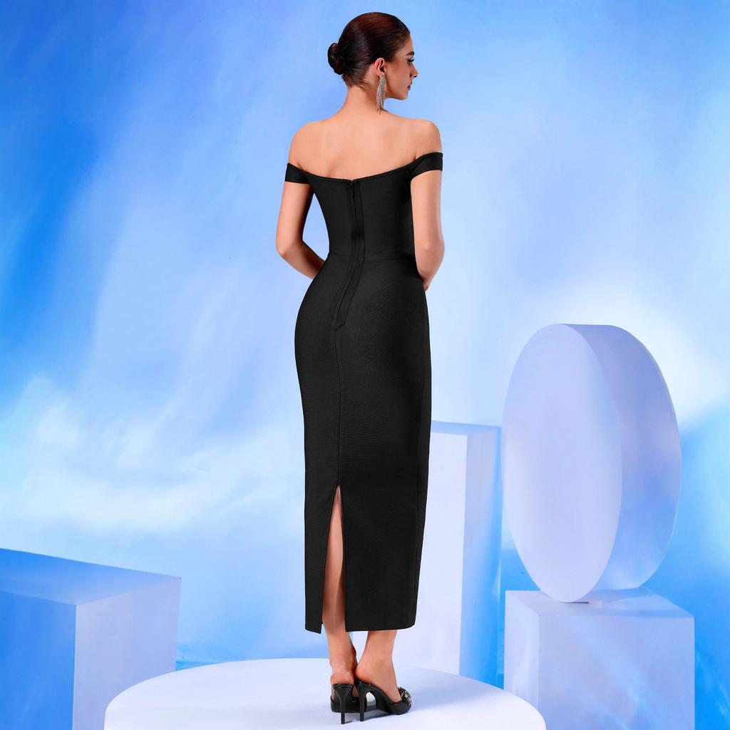 European and American new one-word shoulder fashion decoration tight dress fashionable and elegant celebrity party host evening dress