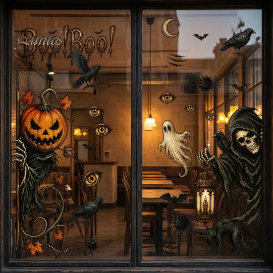 Waterproof PVC Wall Decals 6Pcs Halloween Window Stickers, Ghost Pumpkin Grim Reaper Decals, Removable Static Clings Self-Adhesive Glass Door