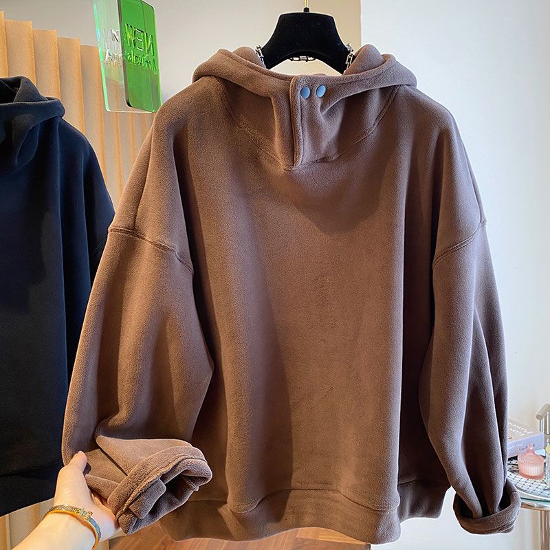 New Hooded Autumn Winter All-in-one Velvet Double-sided Polar Fleece Thermal Sweatshirt for Women Loose Thickened Top Pullover