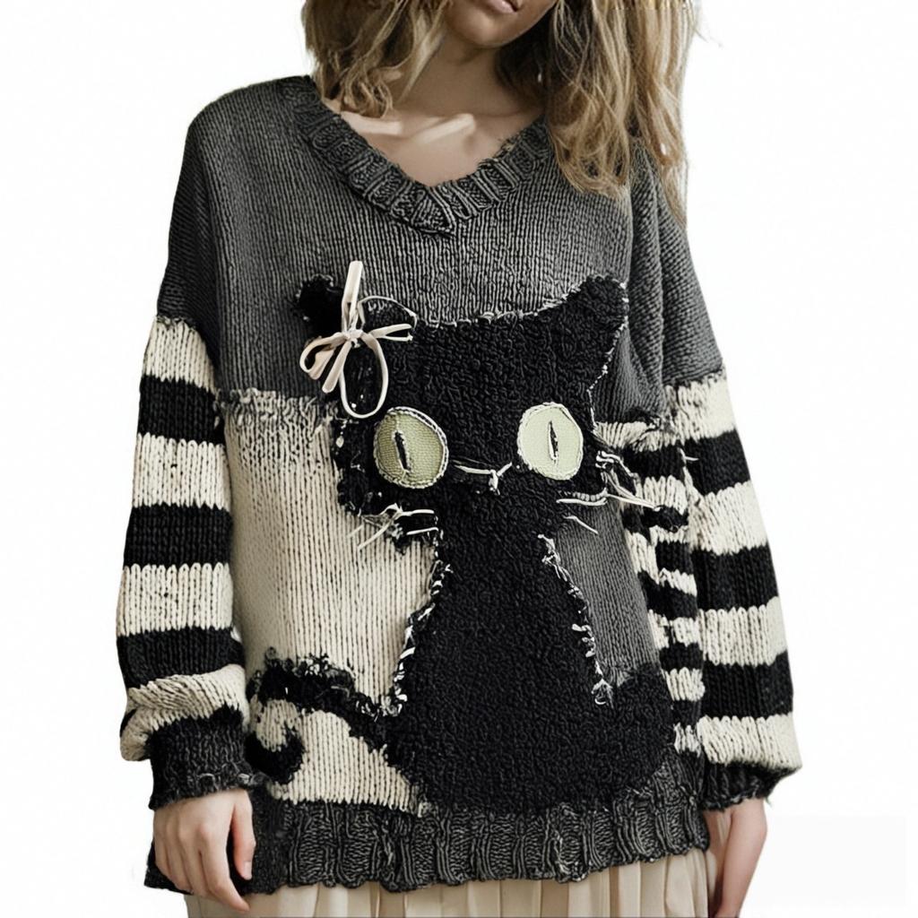 2025 Winter Women's Embroidered Oversized Sweater, Vintage Inspired Knit Pullover with Boho Chic Design, Loose Fit Comfortable Top for Casual Wear