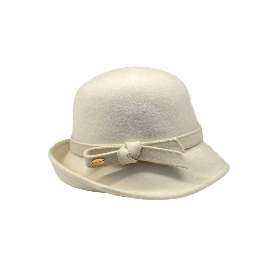 % Pure wool French Hepburn style fisherman's hat children autumn and winter warped edge decorative bow basin hat foreign style top hat