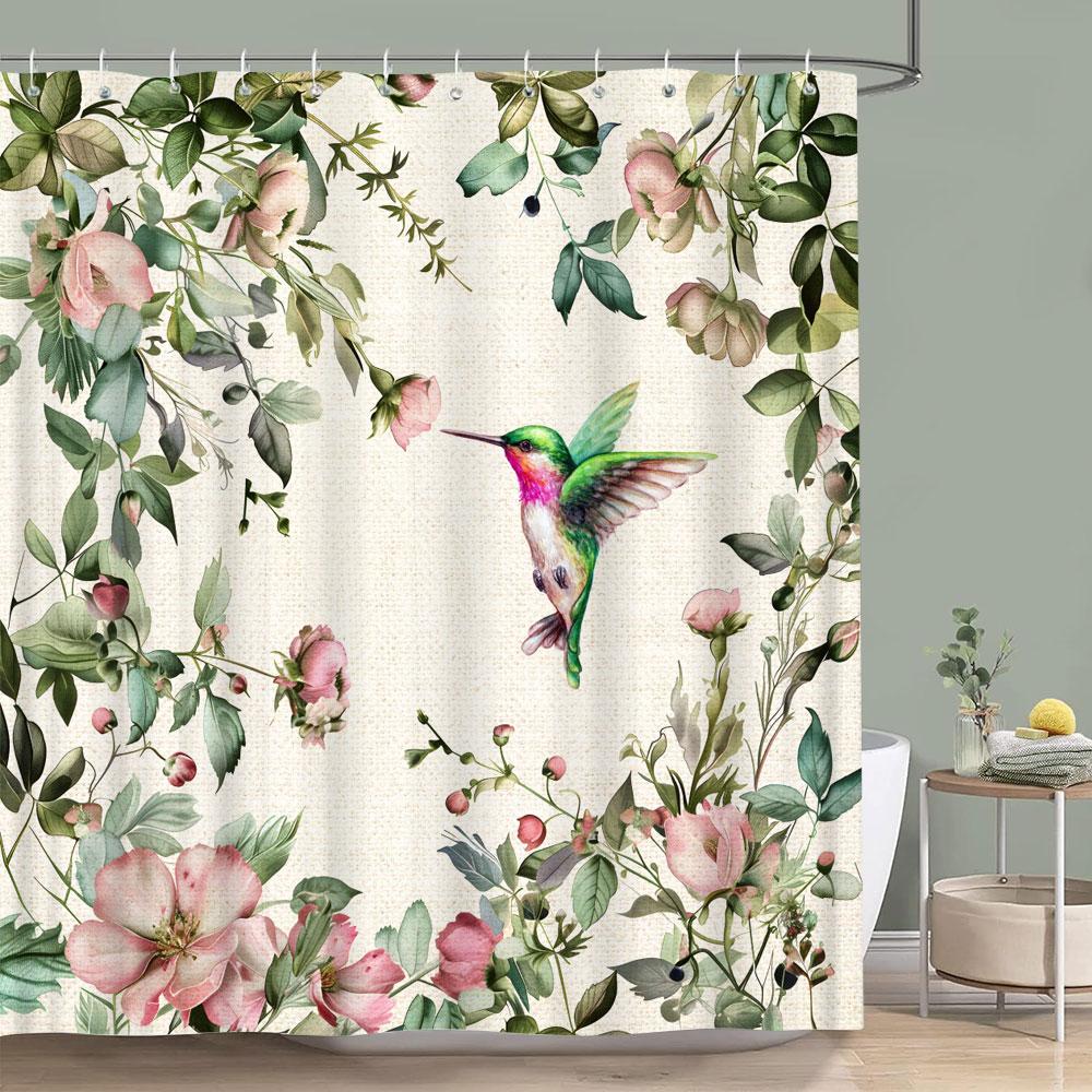 Bird Flower Shower Curtain Dahlia Eucalyptus Leaves Greenery Colourful Printed Polyester Waterproof Bath Curtains Bathroom Decor
