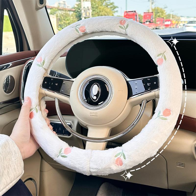 Plush car steering wheel cover with cartoon embroidery, anti slip and wear-resistant car handle cover, winter warm steering whee