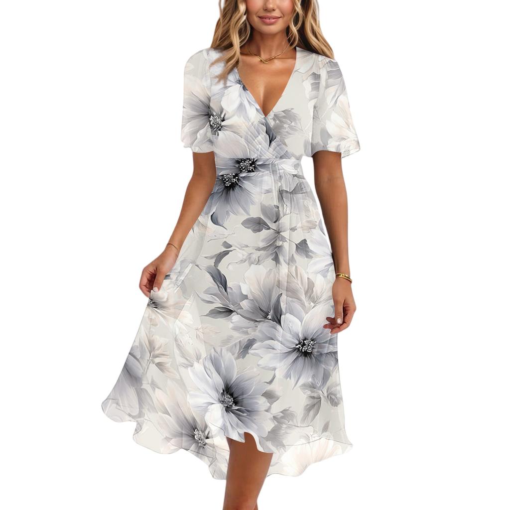 Women's Casual V Neck Short Sleeve Midi Dress Floral Print Wrap Style Lightweight Summer Dress
