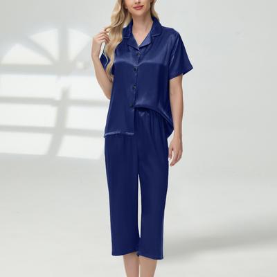 2 Stuks/Set Ijszijde Pyjama's Revers Knoopsluiting Lange Mouw Shirt Elastische Taille Wijde Pijp Korte Broek Homewear Casual Outfit Lente Nachtkleding