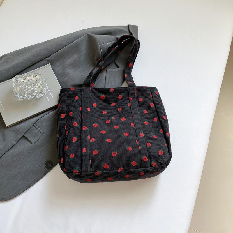 Сотни Принтованных Сумок-тоут Новая Большая Вместимость Клубничная Холщовая Сумка чёрный