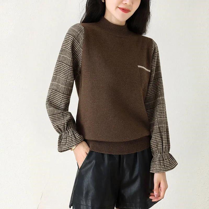 Fake Two Items Women Clothing Sweaters Pullovers Autumn Half High Collar Flare Sleeve Loose Fashion All-match Knitted Tops 2024