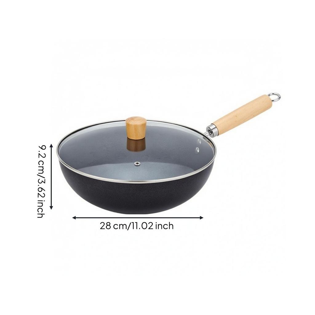 Round Iron Wok Versatile with Glass Lid EasyCare StirFry Pan for Small Household Cooks, Everyday