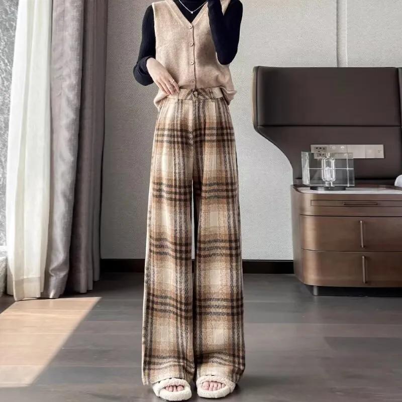Samt Retro Wollplaid Weitbeinige Hosen für Damen mit Hoher Taille Schlank Lässig Gerade Trommel Bodenhosen