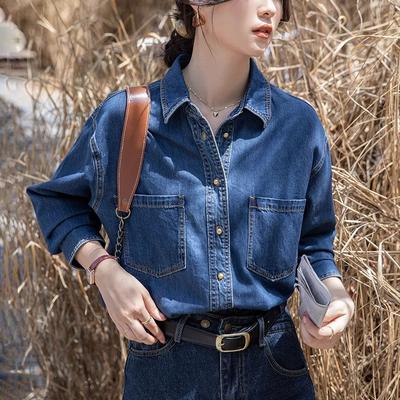 Non-curled Retro Dark Blue Soft Denim Long-sleeved Shirt Autumn Loose Inner Layer Layered Commuter Small Shirt