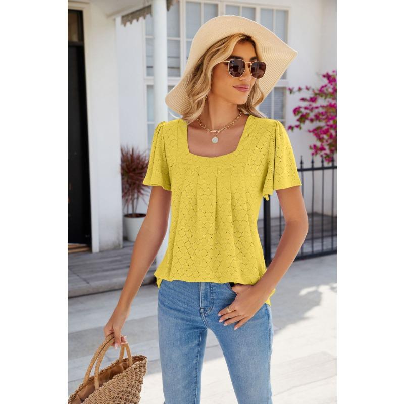 Women's Fashion Casual Summer Spring Solid Color Print Short Sleeve Square Collar Blouses & Shirts