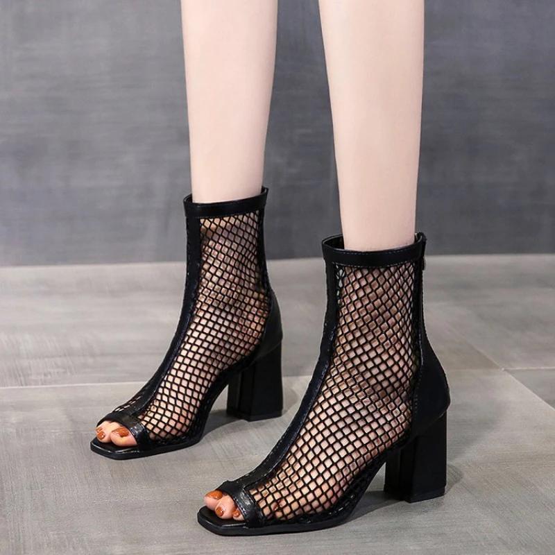 Summer Fashion Mesh Fish Mouth Short Tube High Heels Hollow Women Breathable Sandalias Mujer Boots Platform Zapatos Para Mujeres