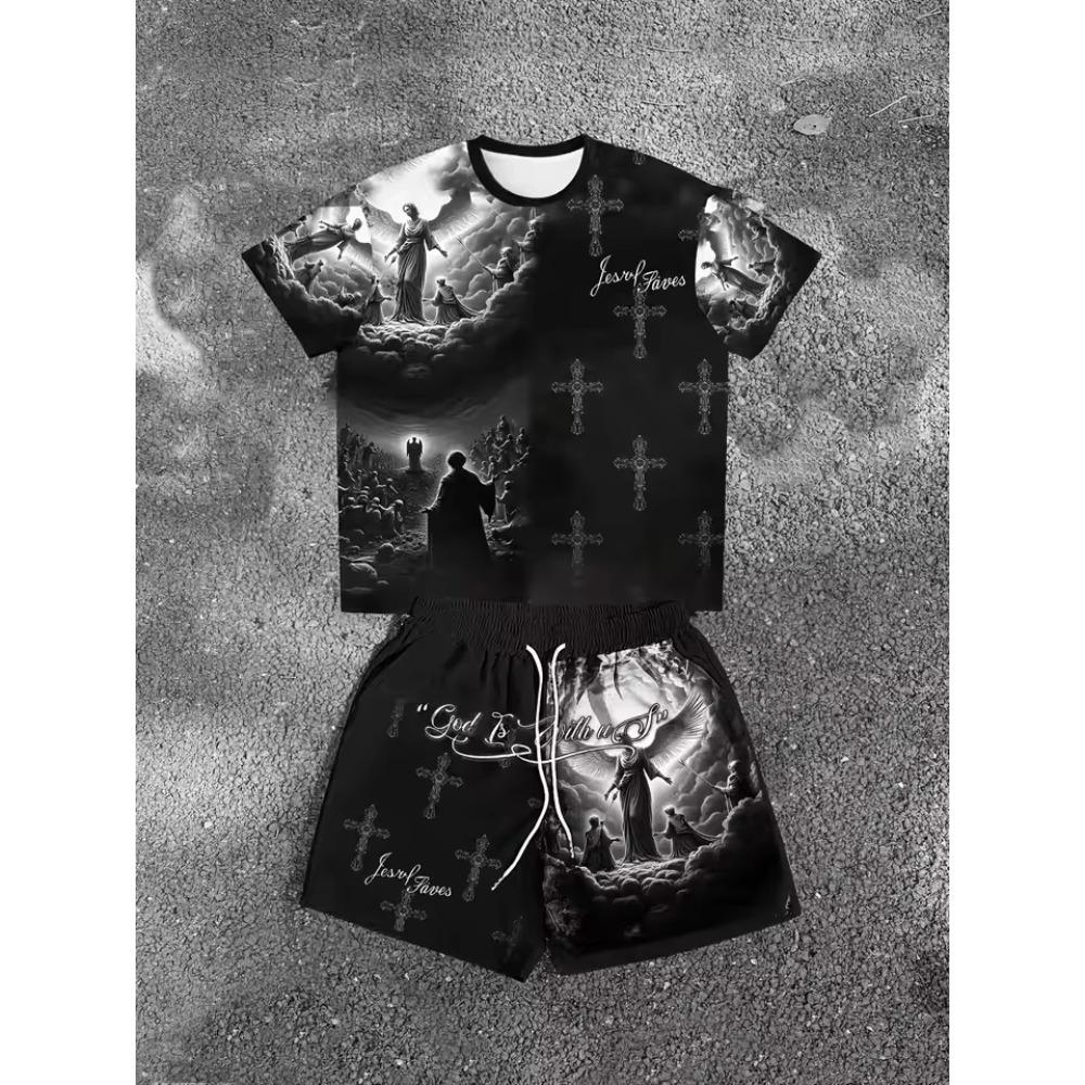 Summer Men's New Comfortable and Breathable Round Neck T-shirt Shorts Letter Gradient Set Outdoor Casual Two-piece Set